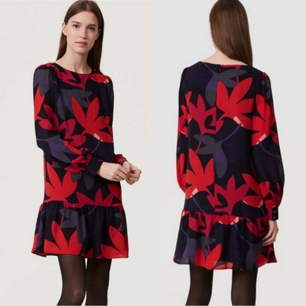 LOFT Floral Print Ruffle Shift Dress Size XSP Classic Bold